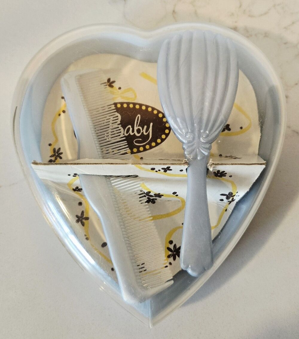 Vtg 60s Babys Own Blue Brush Comb Set Heart Plastic Box DuPont Excellent Cond